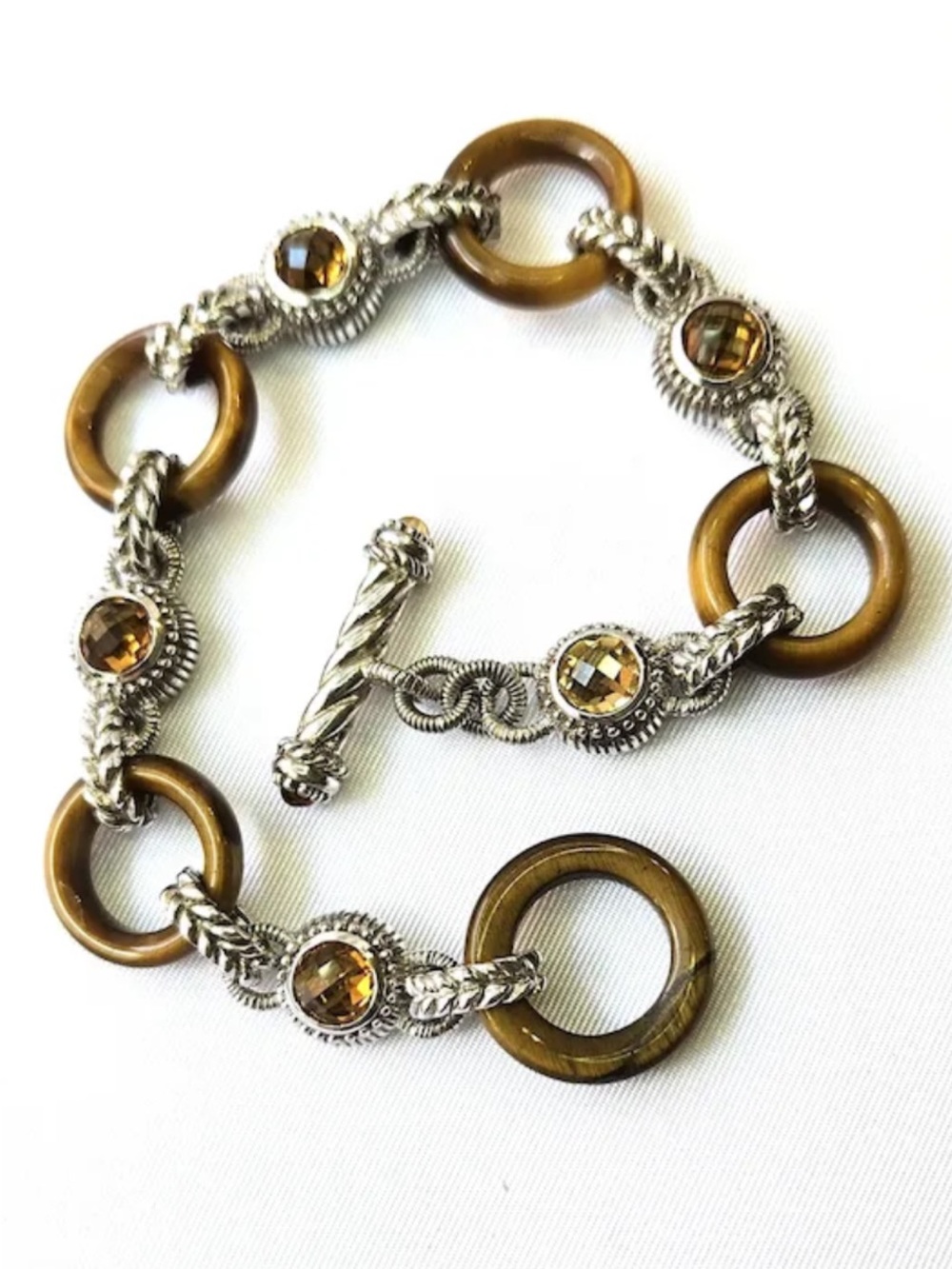 Judith Ripka Sterling Silver 925 Tigers Eye & Citrine Toggle Bracelet